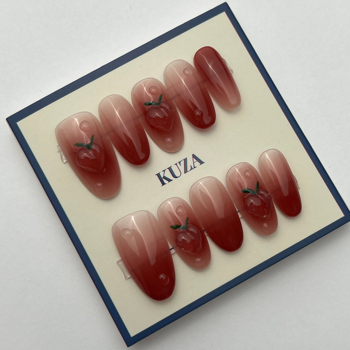 KUZA Press On Nails - Oval red Ombre and 3D Design - 8919/8920/8921
