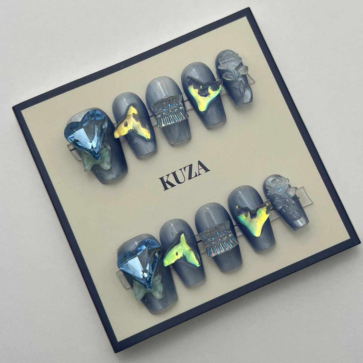 KUZA Press On Nails -Coffin Blue Design Nails with Charms - 8884/8885