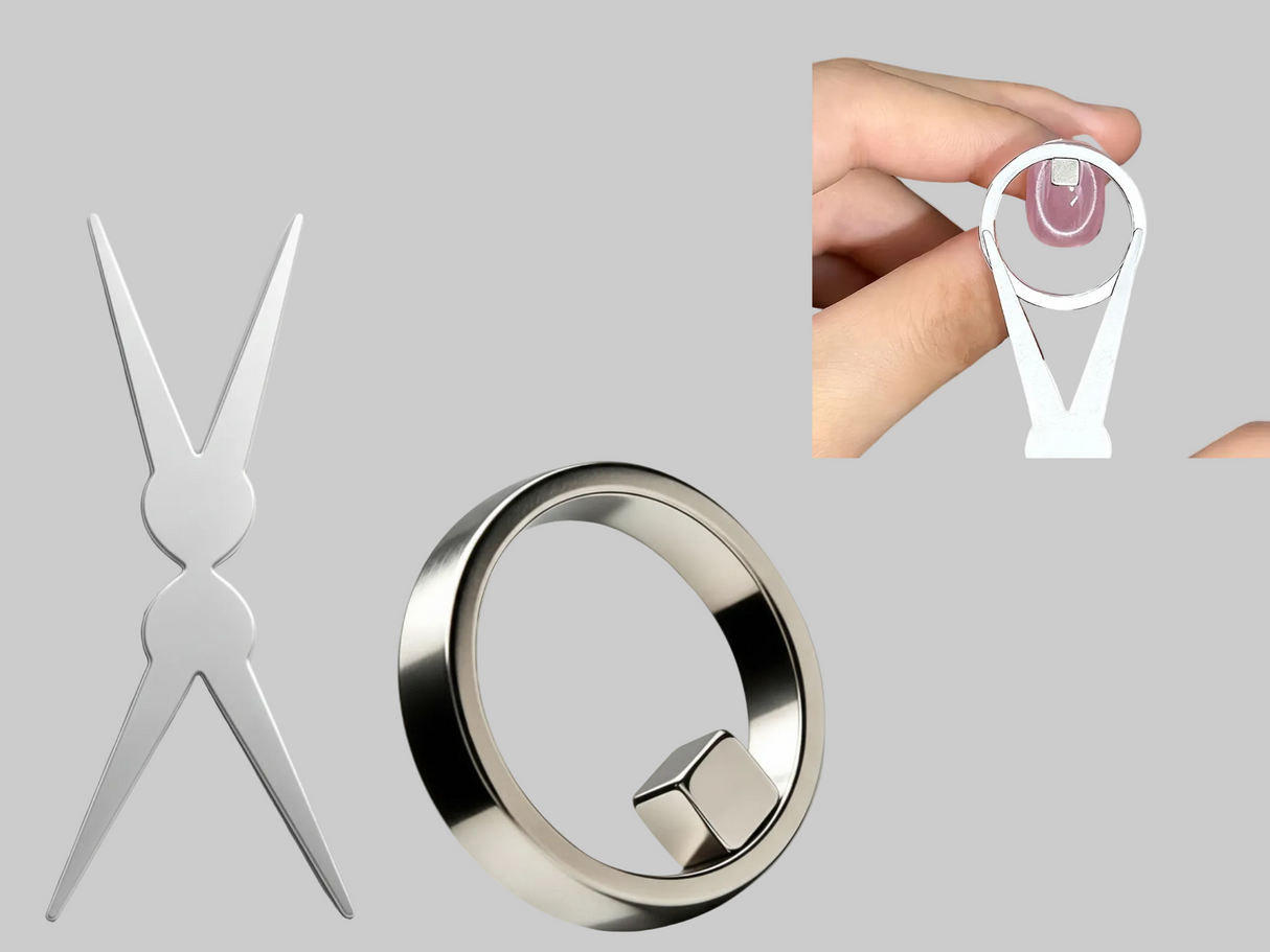 2Pcs Hollow Cat Eye Magnetic Ring & X-Shaped Nail Tool Set