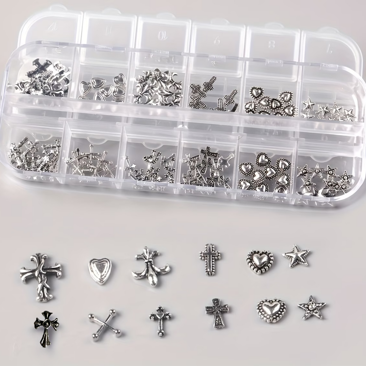JNBS 12-Compartment Vintage Alloy Punk Nail Art Set (120pcs)
