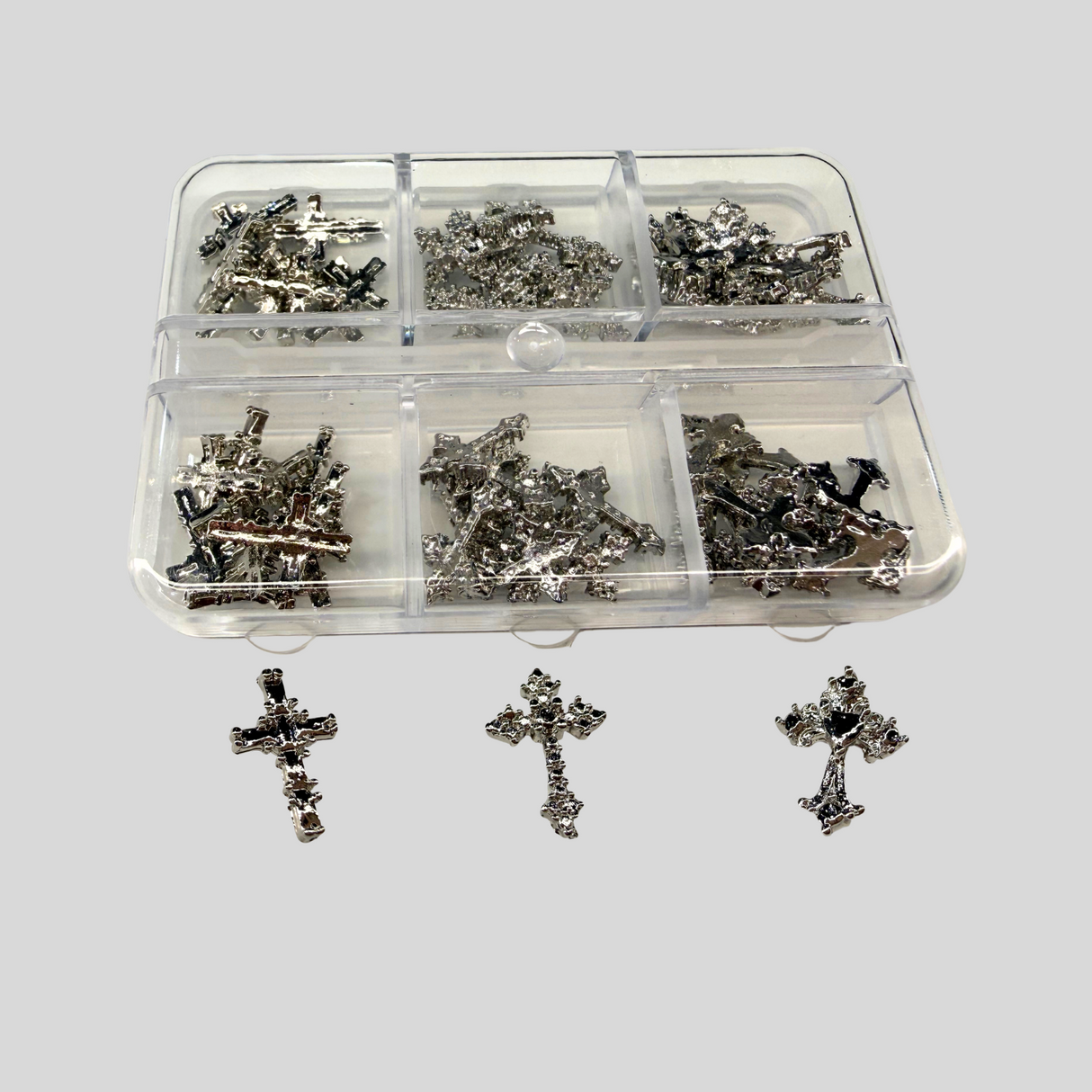 JNBS 6-Compartment Vintage Silver Gothic Cross Nail Art Charms Set