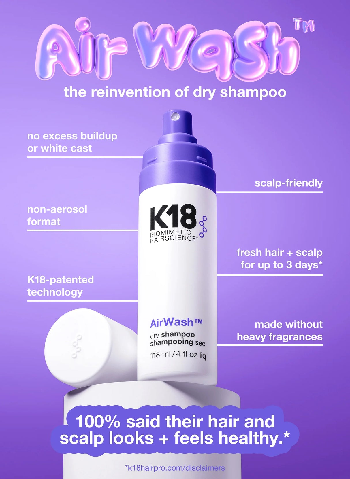 K18 Biomimetic Hairscience AirWash Dry Shampoo 4 fl. oz.