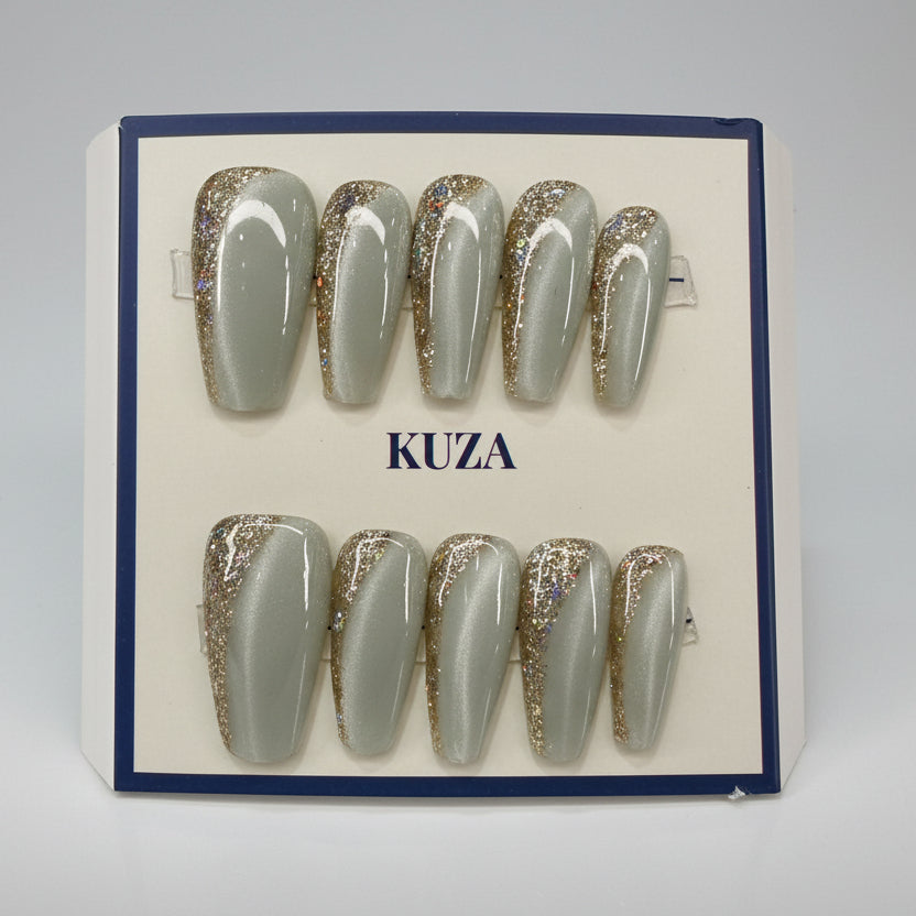 KUZA Press On Nails - Cat Eye and Gold Glitter Design - 8890/8891