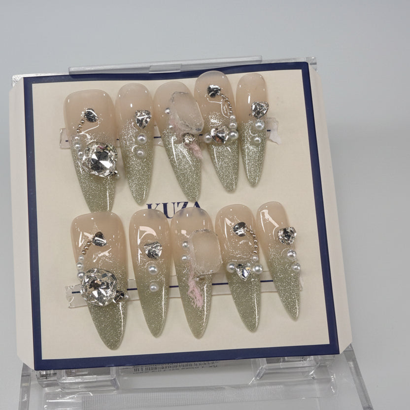 KUZA Press On Nails - Long Stitello Nails with Ombre Cat Eye and Charms - 8886/8887