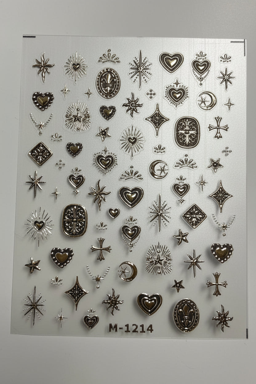 Tensor 3D Metallic Gold / Silver Sacred Heart & Cyber Star Nail Stickers