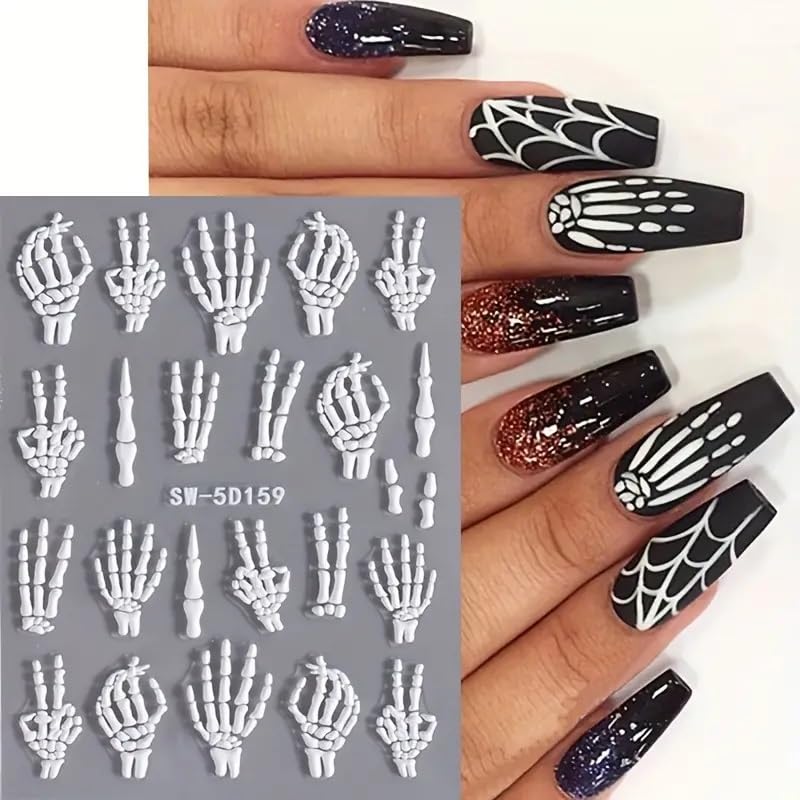 JNBS 5D Nail Sticker Halloween 5D Embossed White Skull