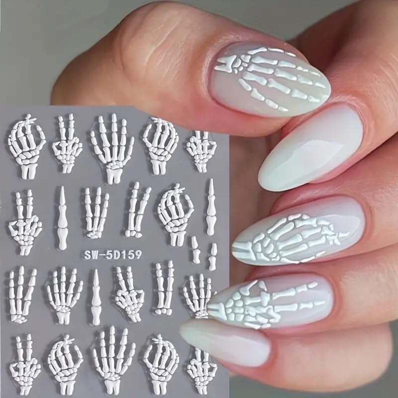 JNBS 5D Nail Sticker Halloween 5D Embossed White Skull