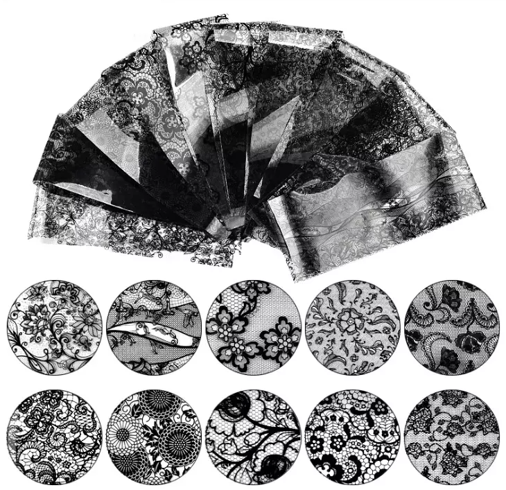 JNBS Nail Foil Box of 10 Sheets Black Lace Flower Floral 7924