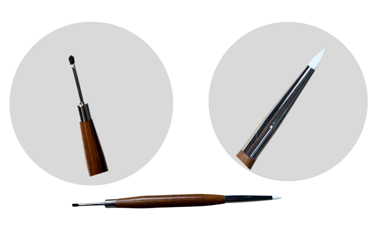 Dual-Ended Silicone & Metal Nail Art Carving Tool with Wooden Handle