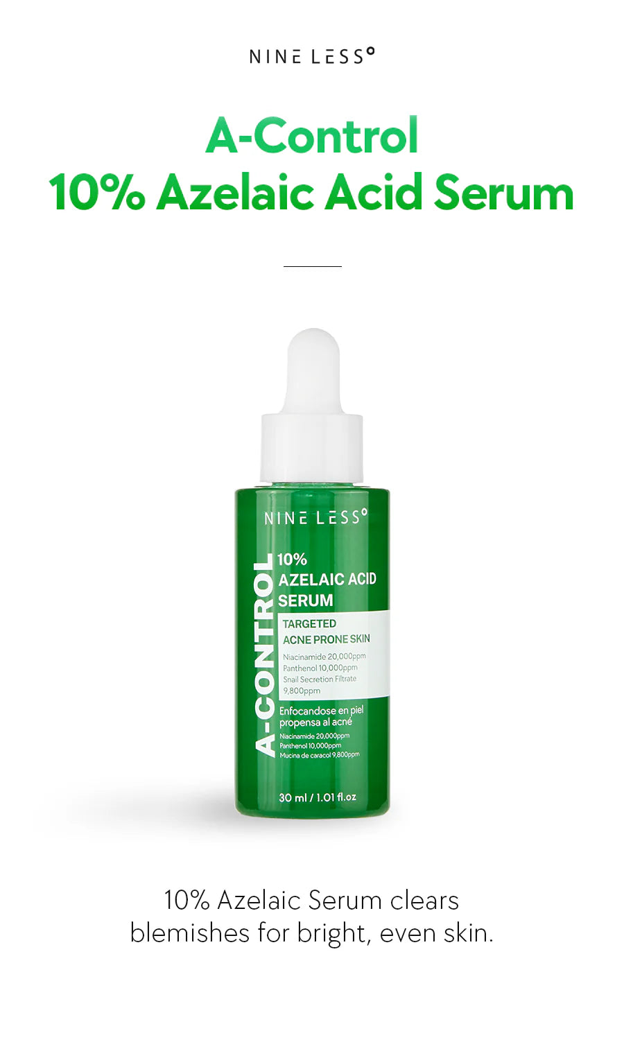 NINE LESS A-Control 10% Azelaic Acid Serum 30ml + Free Gift: 1 Azelaic Acid Cream 15ml