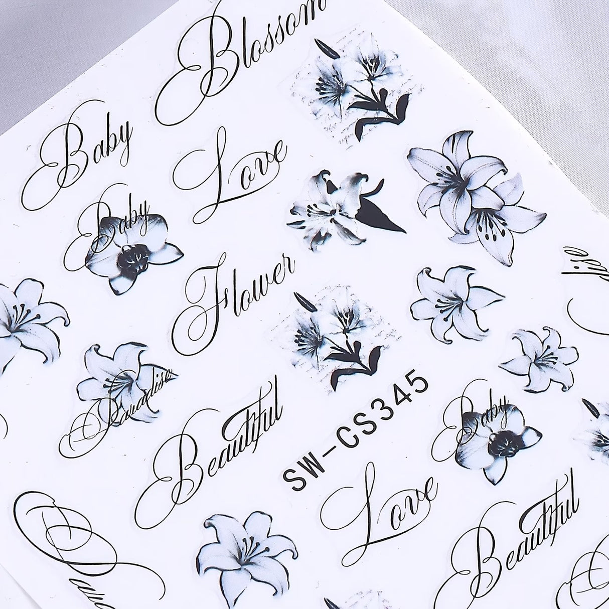 Joyful Nail 3D Black Ink Gradient Hibiscus & Letter Nail Stickers SW-CS345