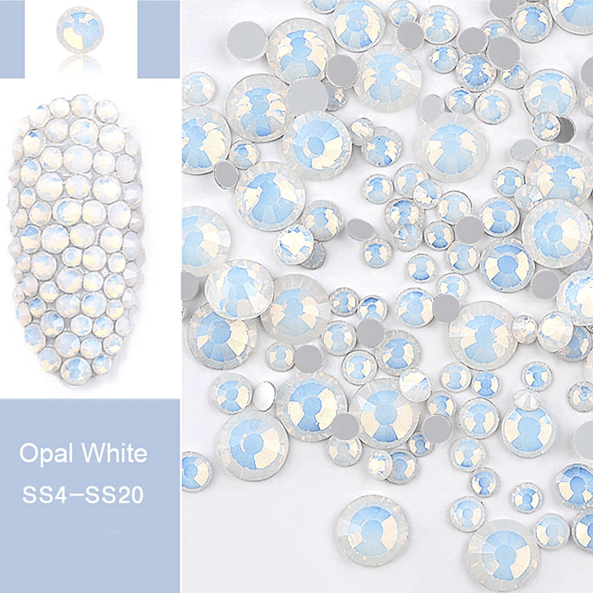 JNBS Rhinestone Opal Glass Round FlatBack Mixed Size White