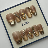 KUZA Press On Nails - Nude Cat Eye with Charms Design - 8881/8882/8883