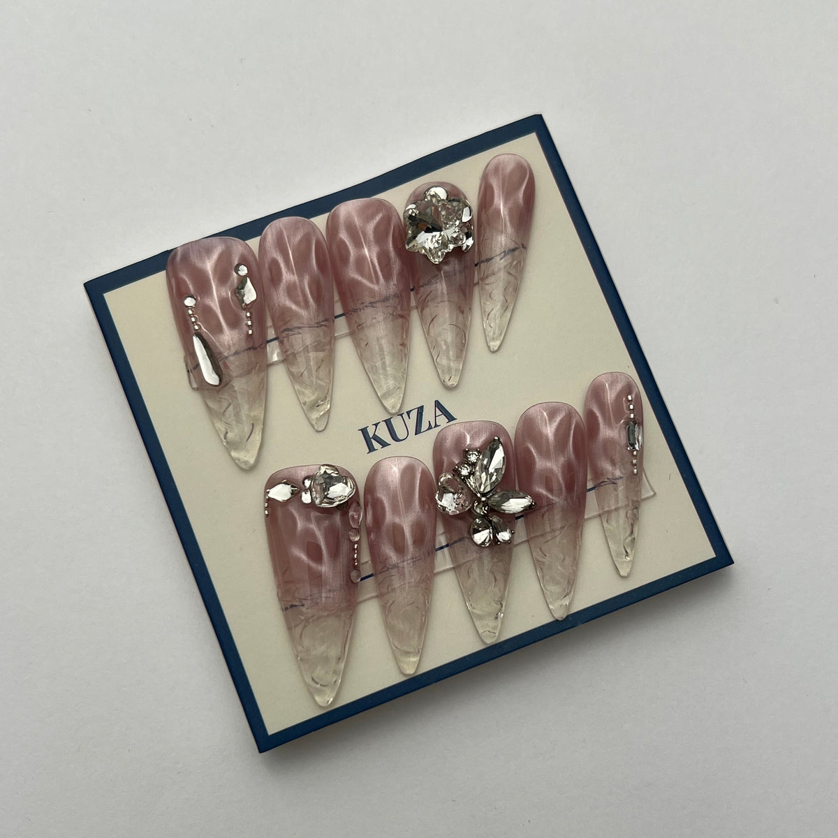 KUZA Press On Nails - Stiletto Pink Cat Eye and Charms Design - 8940/8941/8942