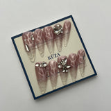 KUZA Press On Nails - Stiletto Pink Cat Eye and Charms Design - 8940/8941/8942