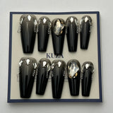 KUZA Press On Nails - Black Coffin Nails with Charms Design - 8955/8956/8957