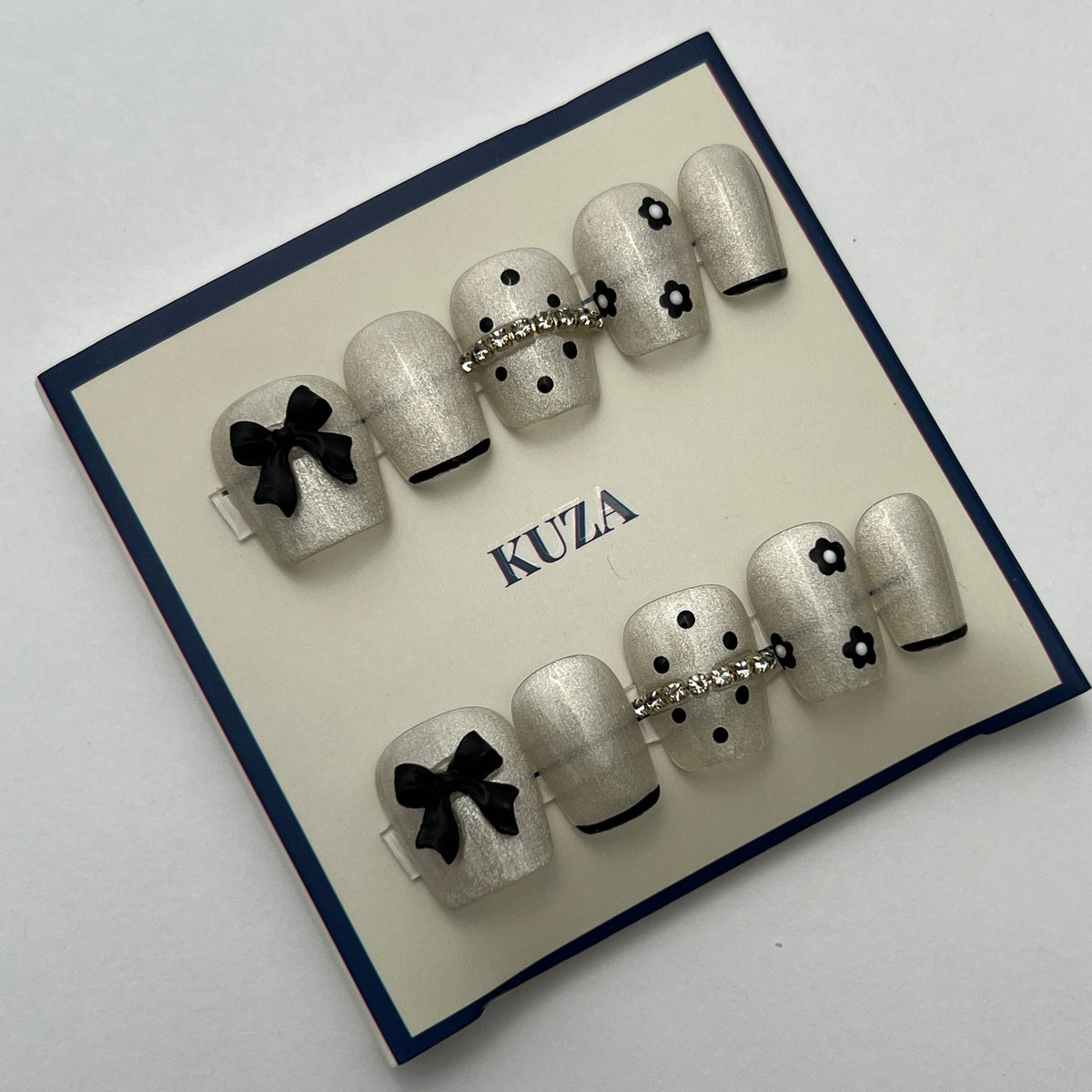 KUZA Press On Nails - Square short Cat eye with Black Bow Design - 8931/8932/8933