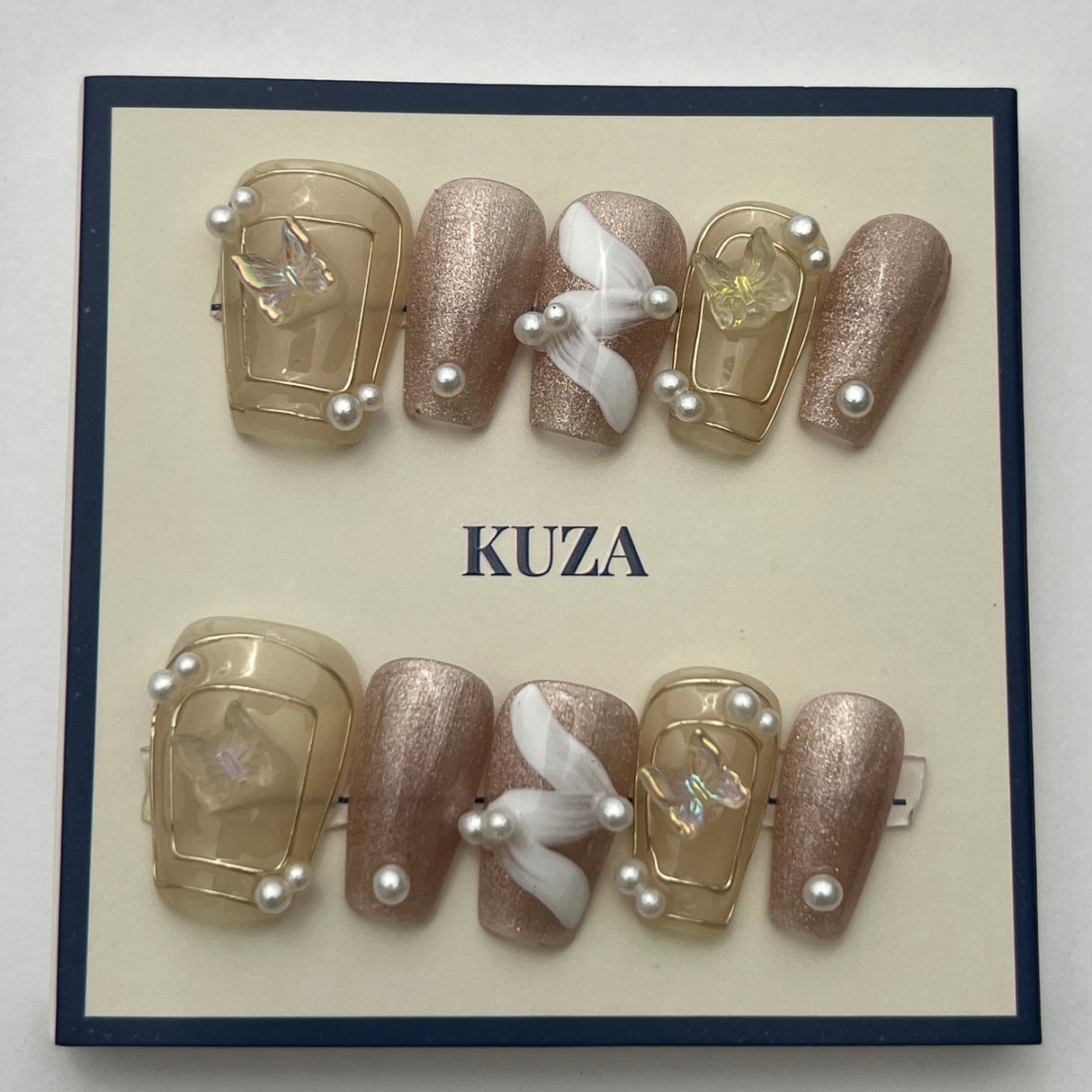 KUZA Press On Nails - Cat Eye with Butterfly and Pearl Design - 8934/8935/8936