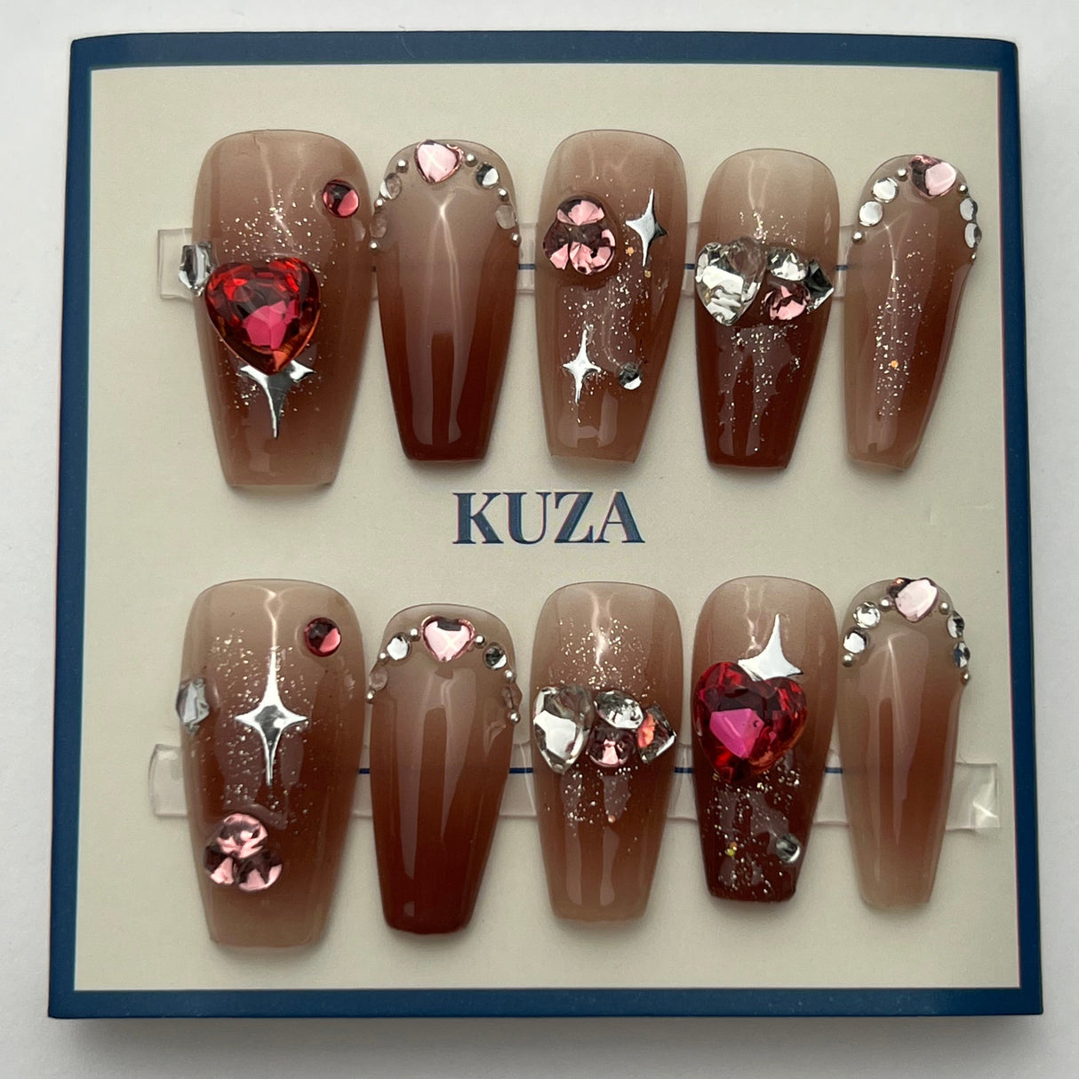 KUZA Press On Nails - Nude Coffin Nails with Heart and Galaxy Charms Design - 8878/8879/8880