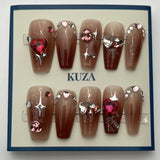 KUZA Press On Nails - Nude Coffin Nails with Heart and Galaxy Charms Design - 8878/8879/8880