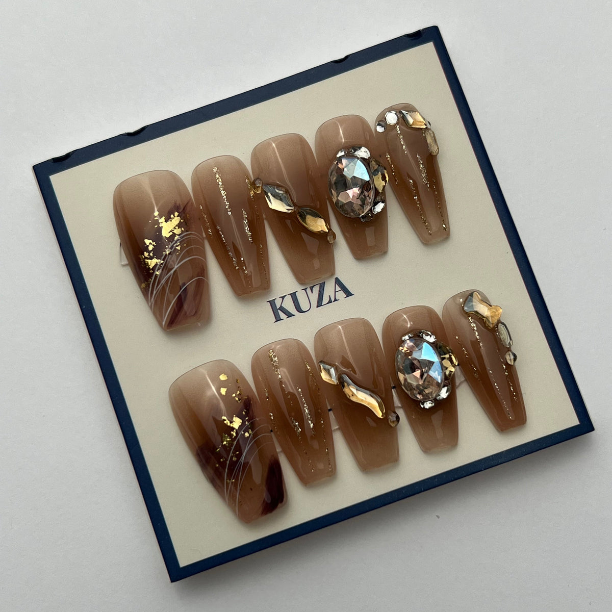 KUZA Press On Nails - Nude Coffin Nails with Glitter and Charms Design - 8943/8944/8945