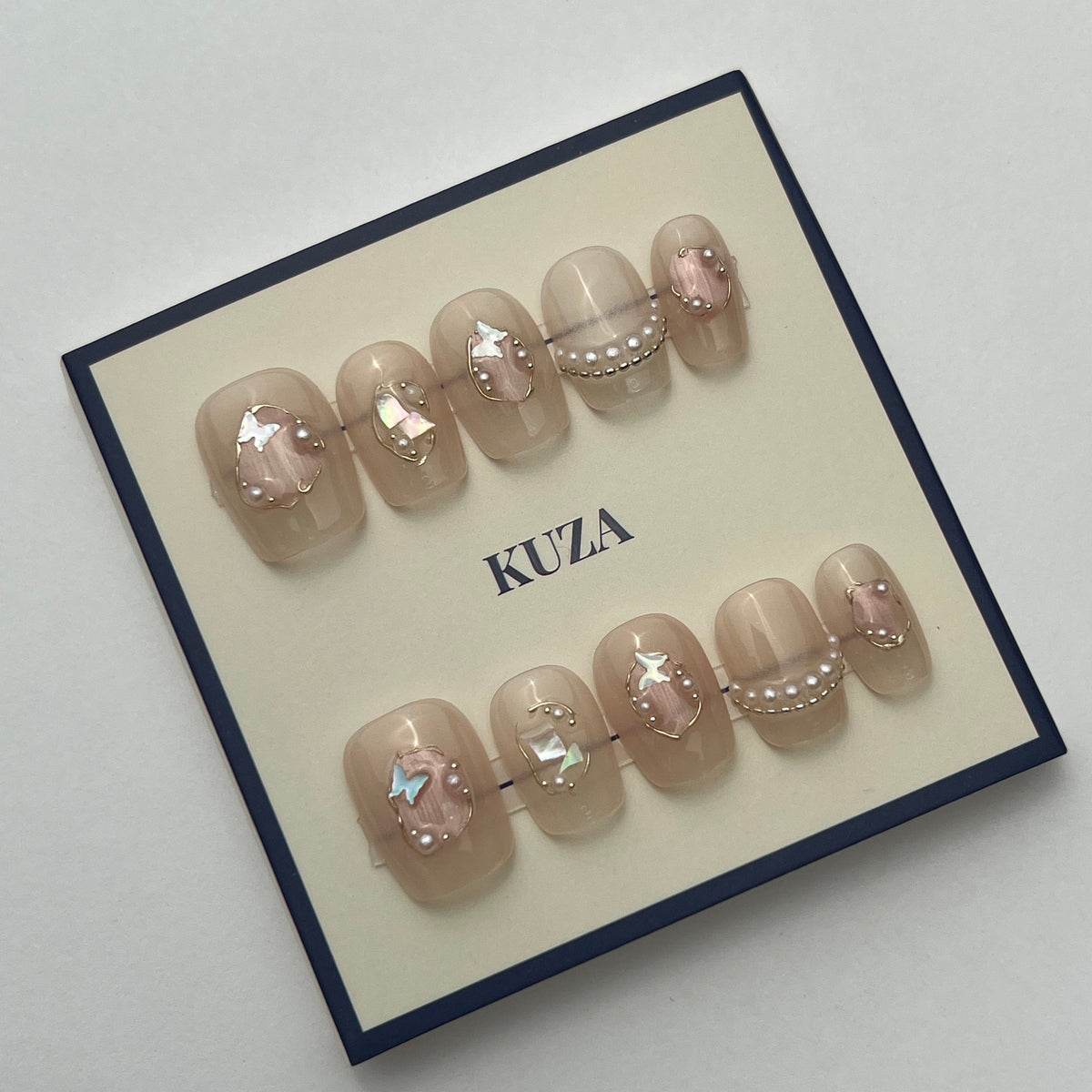 KUZA Press On Nails - Square short Sheer Pink Charms and Golden lines Design - 8923/8924/8925