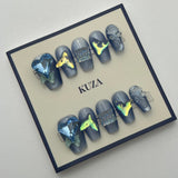 KUZA Press On Nails -Coffin Blue Design Nails with Charms - 8884/8885