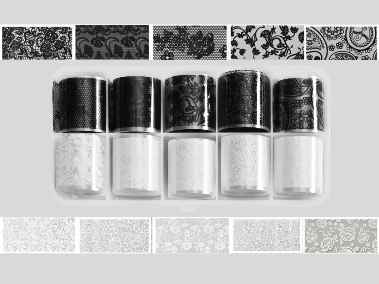 JNBS Nail Foil Box of 10 Sheets Black and White Lace Flowers