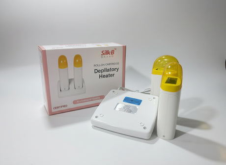 Silk-B Depilatory Heater with packaging on a reflective surface