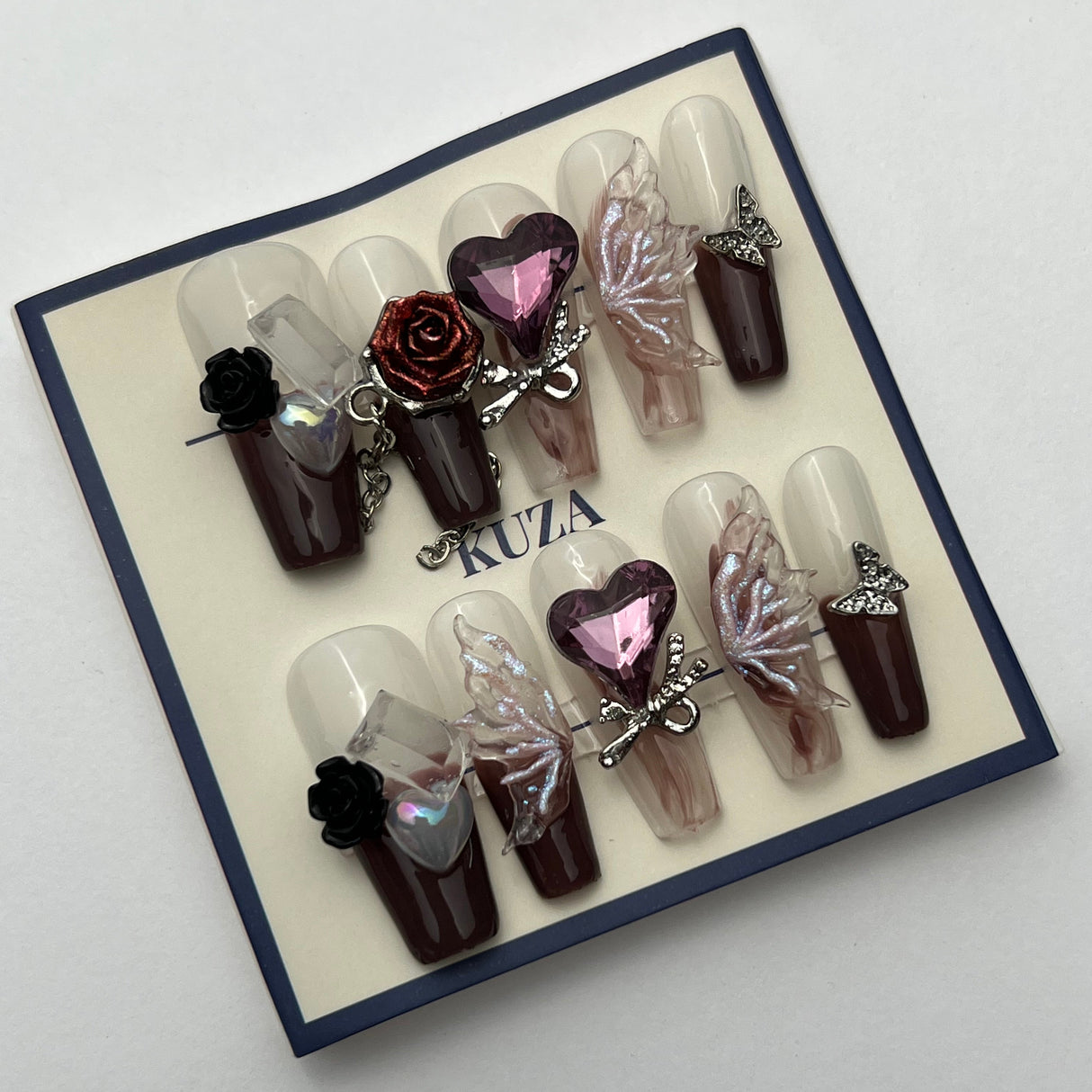 KUZA Press On Nails - Long Coffin Nails with Rose, Heart and Butterfly Charms - 8888/8889