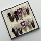 KUZA Press On Nails - Long Coffin Nails with Rose, Heart and Butterfly Charms - 8888/8889