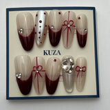 KUZA Press On Nails - Pink & Red Almond Nail Design - 8875/8876/8877