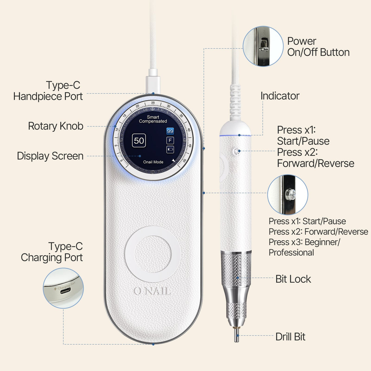 ONAIL T2 POWER+ Smart Nail Drill Set | Professional Cordless Electric File