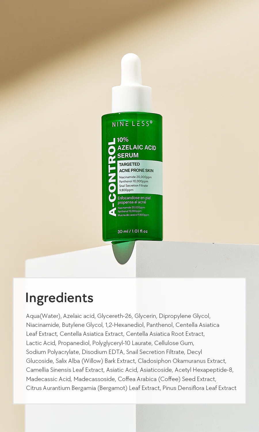 NINE LESS A-Control 10% Azelaic Acid Serum 30ml + Free Gift: 1 Azelaic Acid Cream 15ml