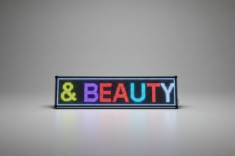 Colorful LED sign with text on a door