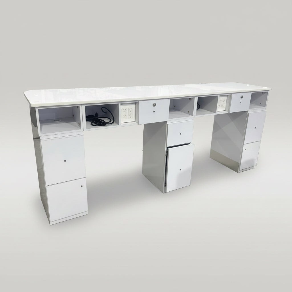Manicure Nail Table Double TJ-42 - White/Silver - White Top (Please Call JNBS to Order)