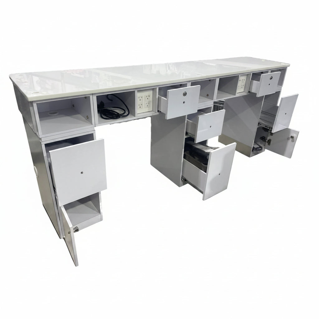 Manicure Nail Table Double TJ-42 - White/Silver - White Top (Please Call JNBS to Order)