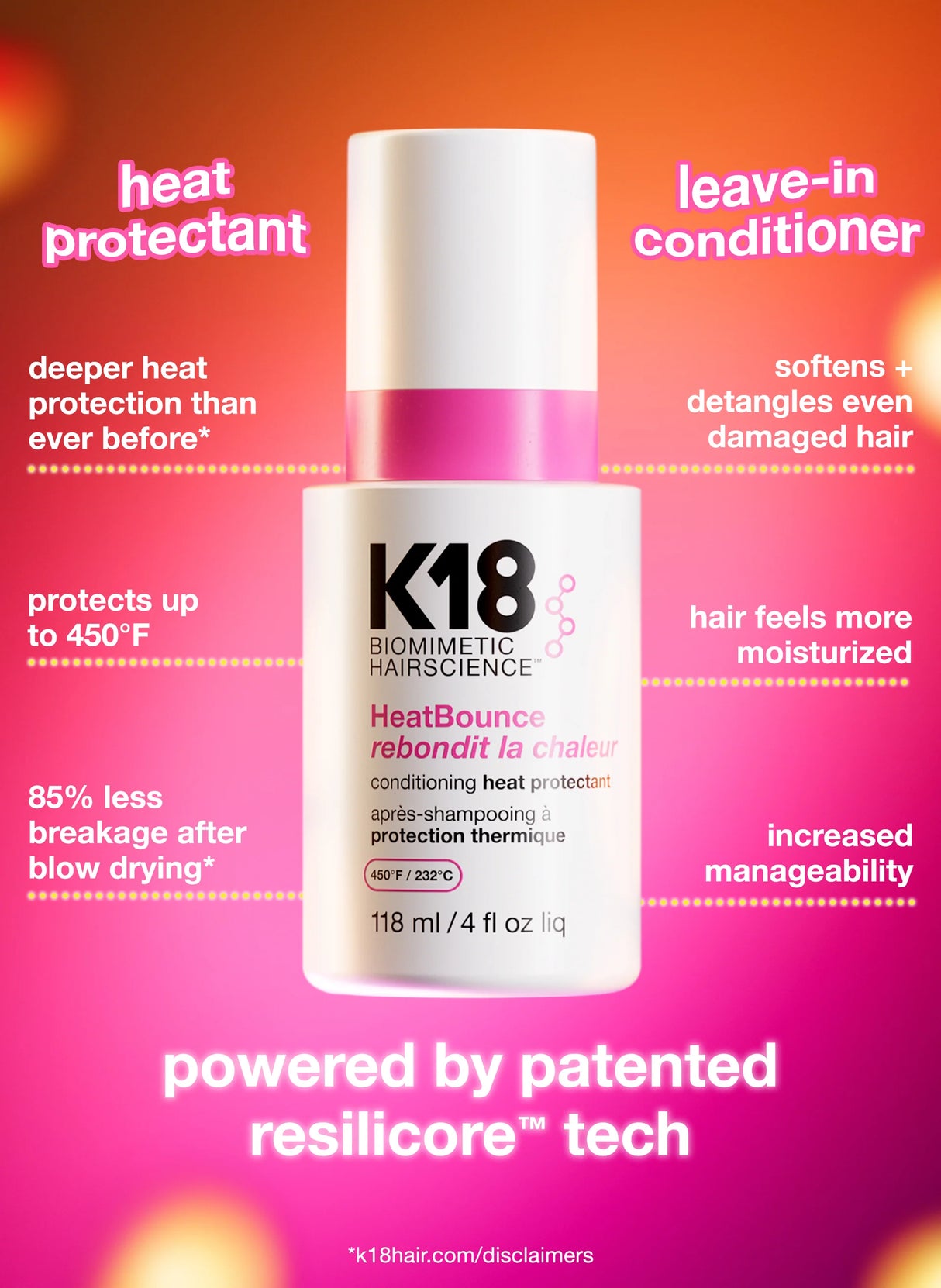 K18 Biomimetic Hairscience Heat Bounce Conditioning Heat Protectant 4 fl. oz.