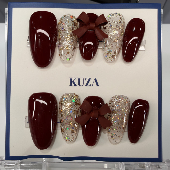 KUZA Press On Nails - Almond Burgundy Velvet Bow - 8869/8870/8871