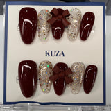 KUZA Press On Nails - Almond Burgundy Velvet Bow - 8869/8870/8871