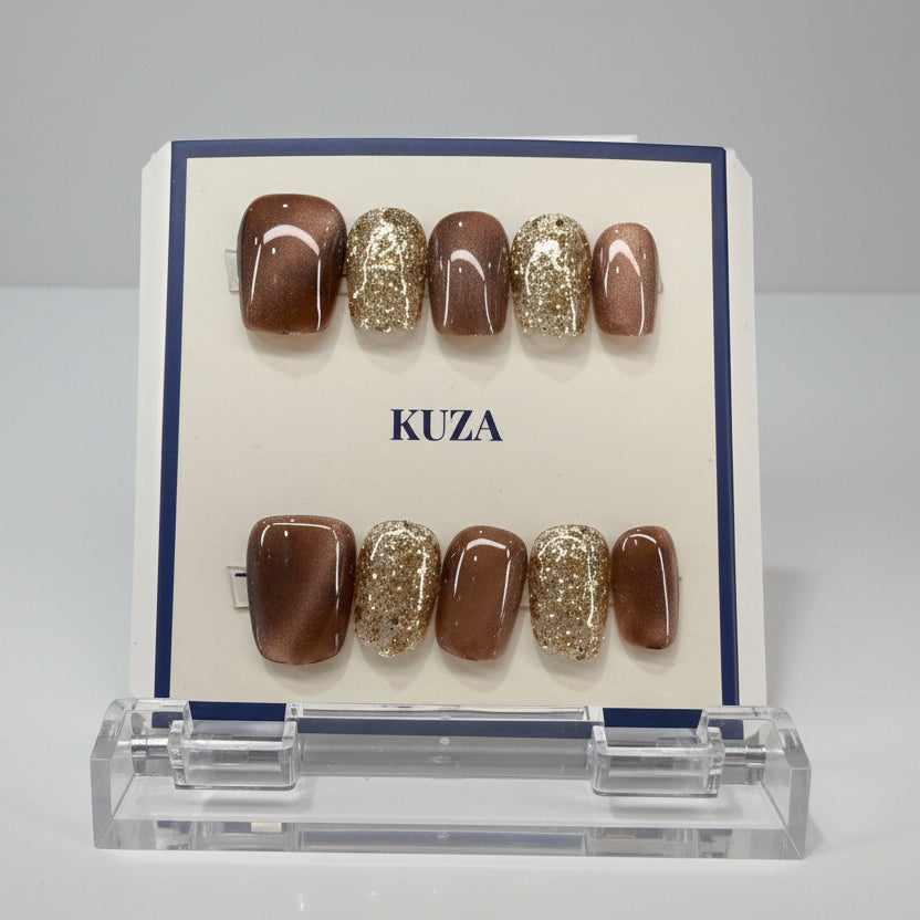 KUZA Press On Nails - Brown Square Cat Eye & Gold Glitter - 8851/8852/8853