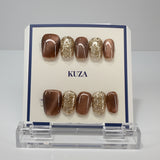 KUZA Press On Nails - Brown Square Cat Eye & Gold Glitter - 8851/8852/8853