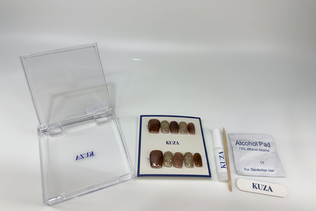KUZA Press On Nails - Brown Square Cat Eye & Gold Glitter - 8851/8852/8853