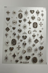 Tensor 3D Metallic Gold / Silver Sacred Heart & Cyber Star Nail Stickers