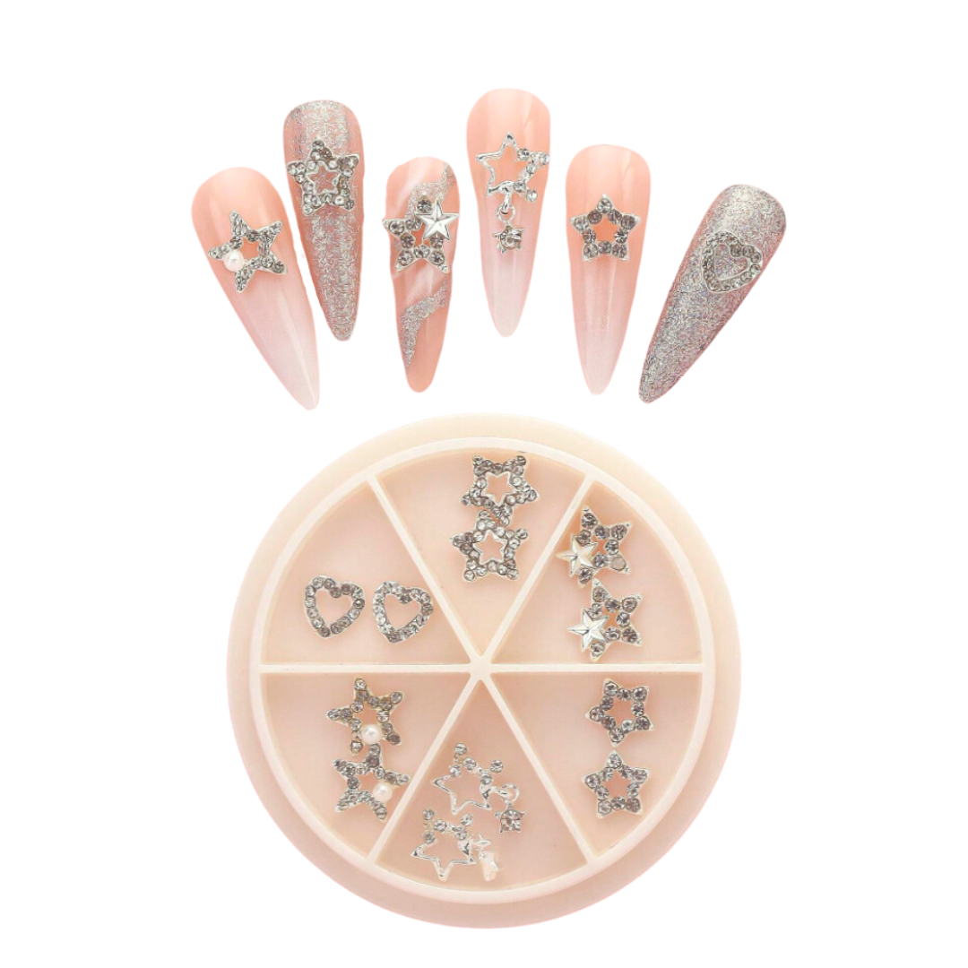 wheel of nail art charms, stars, hearts and dangling shapes with rhinestones, 12 pieces total, silver colour