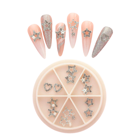 wheel of nail art charms, stars, hearts and dangling shapes with rhinestones, 12 pieces total, silver colour