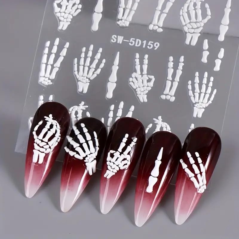 JNBS 5D Nail Sticker Halloween 5D Embossed White Skull
