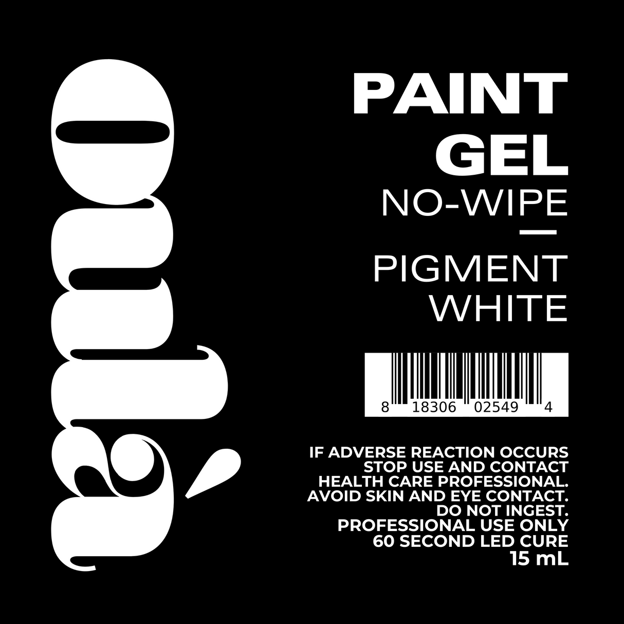 Label for paint gel with text and a barcode on a black background 