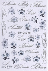 Joyful Nail 3D Black Ink Gradient Hibiscus & Letter Nail Stickers SW-CS345