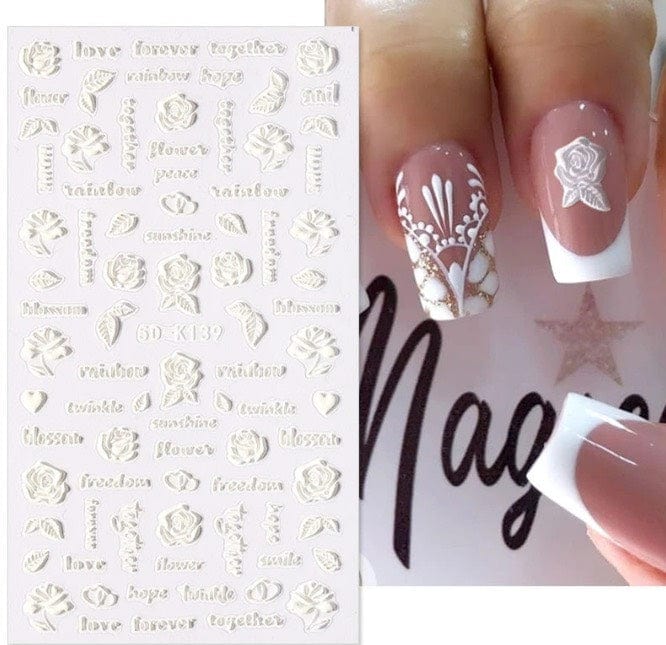 JNBS 5D Embossed Nail Sticker White FLORAL